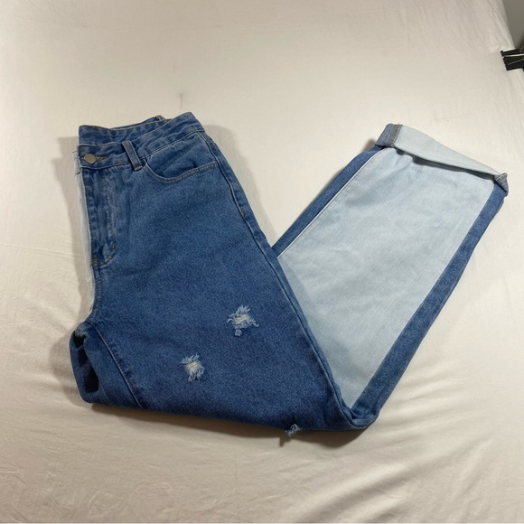 Shein Jeans women’s 4 Two Tone Relaxed Jeans Distressed High Rise Zip jeans - Picture 1 of 10